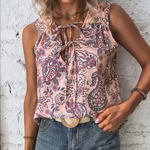 Boho floral print tie front blouse
